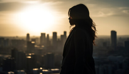 Young woman standing backlit, looking at cityscape generated by AI