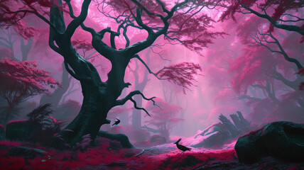 A pink forest with a tree and a bird on it. generative ai