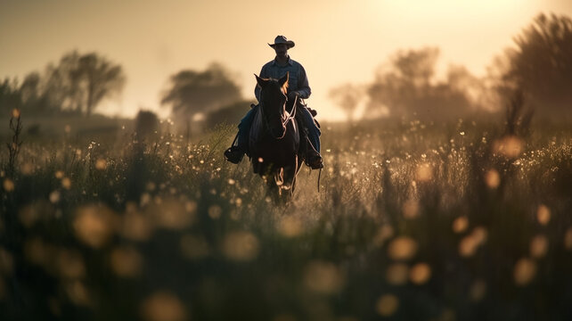 A cowboy rides a horse through a field of flowers. generative ai