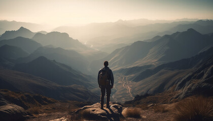 Fototapeta premium Men hiking mountain peak, achieving extreme success generated by AI