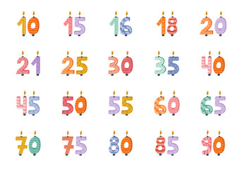 Cute set with birthday number candles from 0 to 9 with burning flames in scandinavian style. Decoration for holiday cake for celebration anniversary, birthday, wedding. Stylized hand drawn clipart.