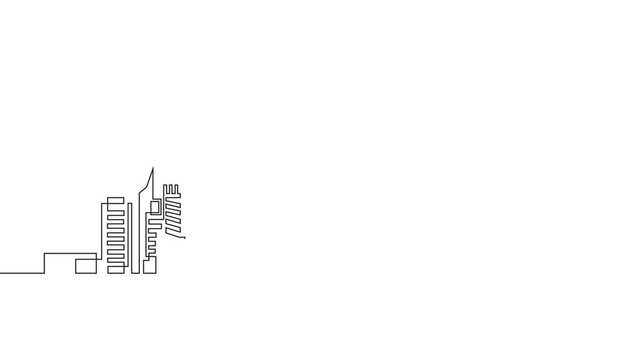 Continuous line drawing of house motion, residential building clip. Panoramic landscape of metropolis architecture, skyscrapers. Modern cityscape continuous one linear animation.