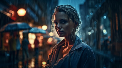 A woman stands in the rain in front of a street light. generative ai