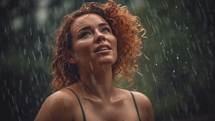 A woman standing in the rain looking up at the sky and the words rain on the right side. generative ai