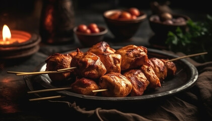 Grilled skewers of meat, veggies, and spice generated by AI