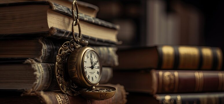 Vintage pocket watch on wooden surface against old books
