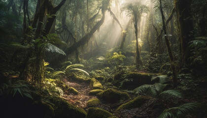 Tranquil rainforest adventure, wet ferns, spooky mystery generated by AI