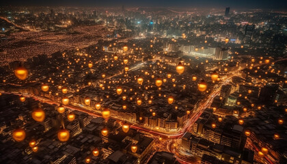 Obraz premium Glowing city skyline at dusk, above traffic generated by AI