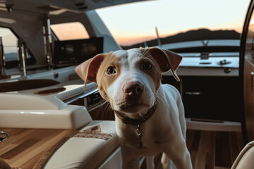 A dog on a boat looking at the camera. generative ai
