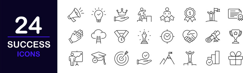 Success web icons set. Success - simple thin line icons collection. Containing reward, winner, ribbon, star, cup, and more. Simple web icons set