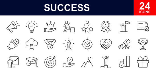 Success web icons set. Success - simple thin line icons collection. Containing reward, winner, ribbon, star, cup, and more. Simple web icons set