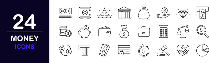 Money web icons set. Money - simple thin line icons collection. Containing wallet, ATM, piggy bank, cash, credit cards, money bag, currency exchange, coins and more. Simple web icons set