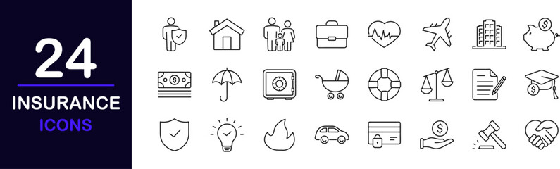 Insurance web icons set. Insurance - simple thin line icons collection. Containing car protection, health Insurance, contract, travel insurance, risk, help service and more. Simple web icons set