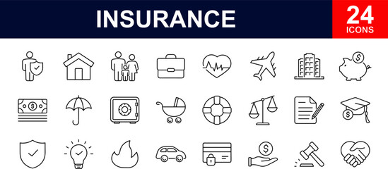 Insurance web icons set. Insurance - simple thin line icons collection. Containing car protection, health Insurance, contract, travel insurance, risk, help service and more. Simple web icons set