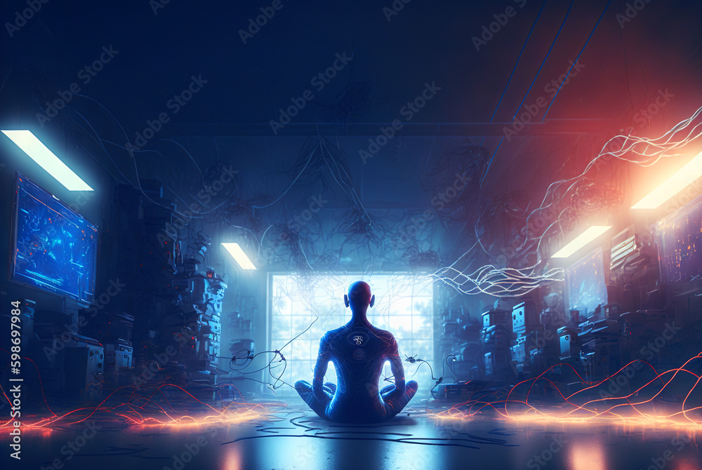 Poster digital era woman meditating in neon wires, with consciousness connected to the world via technologi