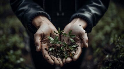 Fototapeta premium Hands holding plants with the word plant on the bottom left. generative ai