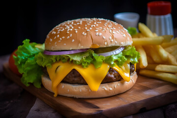 Beef burger served on rustic wooden plate with french fries and drink, fast food concept, generative AI content.