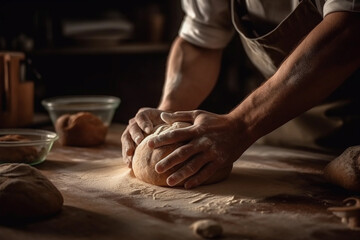 Fototapeta premium A baker's hands kneading dough. generative AI