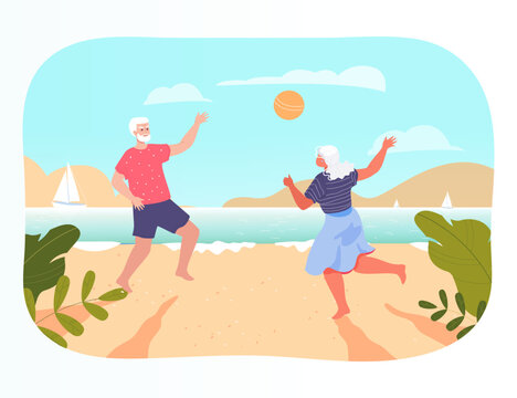 Senior couple playing beach volleyball vector illustration. Happy elderly man and woman playing with ball at sea, enjoying time at nature. Summer, senior life, active lifestyle concept Generative AI