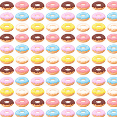 Colorful glazed donut seamless pattern. Sweet birthday pastry. Confectionery dessert. For menu design,cafe decoration,delivery box,textile,wallpaper,fabric,decor. Vector illustration in flat style