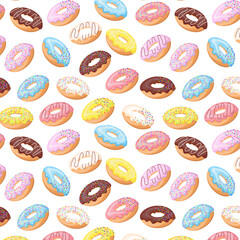 Colorful glazed donut seamless pattern. Sweet birthday pastry. Confectionery dessert. For menu design,cafe decoration,delivery box,textile,wallpaper,fabric,decor. Vector illustration in flat style