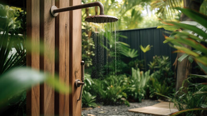 refreshing outdoor shower setup, surrounded by tropical foliage, summer, Generative AI - obrazy, fototapety, plakaty
