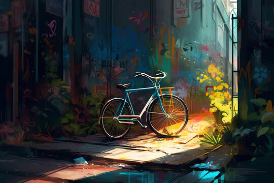 A bicycle leaning against a graffiti wall, digital art. generative AI