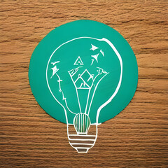 Artistic Paper Cut of Green Eco City with a Bright Light Bulb. Generative AI