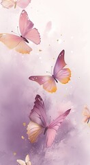 Group of lilac butterflies flying through the air on lilac background watercolor picture for greeting card wedding invitation romantic event illustration birthday, valentines day artwork