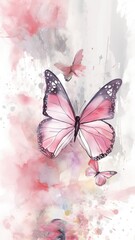 Obraz na płótnie Canvas Pink butterflies flying through air watercolor picture for greeting card wedding invitation romantic event illustration birthday, valentines day artwork