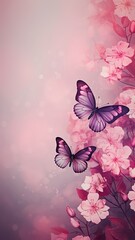 Image of Flying lilac butterflies and pink flowers on pink background for wallpapers, postcards, wedding greeting cards, illustration romantic event, valentines day printed on Printed Glass Splashbacks