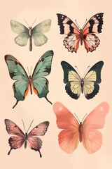 Set of colorful butterflies on beige background for wallpaper postcards greeting cards, watercolor illustration, paper cover, romantic event