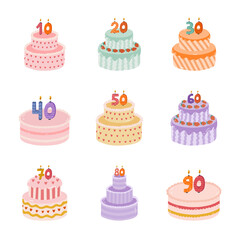 Set of birthday cake with burning candles in the form of numbers. Dessert for celebration each year of birth, anniversary. Stylized hand drawn clipart of holiday cupcake in the scandinavian style.