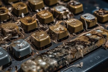 Closeup of Unclean, Rusted Computer Keyboard Filled with Dust & Old Keys: Technology in Disrepair, Generative AI