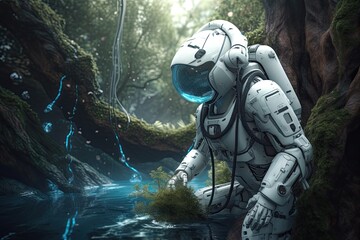 Fototapeta premium Conquering Galaxies and Space - Futuristic White Warrior Astronaut Robot in Cyber Suit and Helmet Plants and Waters a Tree - A Fictional 3D Illustration. Generative AI