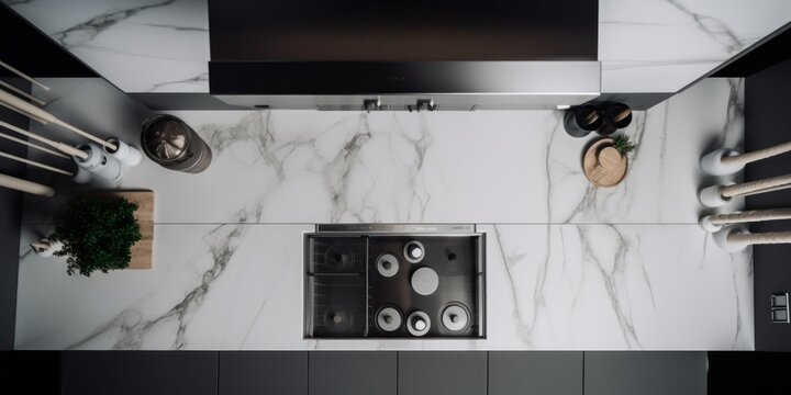 An overhead view of a kitchen with marble counter tops. AI generative image.