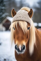 Cute Chestnut Pony Wearing a Beanie: Sweet Funny Winterly Portrait in the Snowy Rural Outdoors. Generative AI