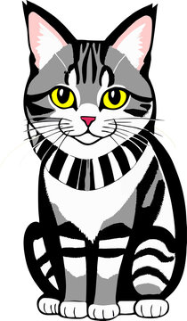 graphic drawing gray cat with yellow eyes, logo