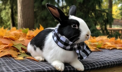 a black and white rabbit wearing a scarf on a blanket.  generative ai