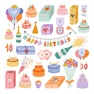 Cute hand drawn birthday set. Trendy holiday elements, party decoration, cupcakes, candles, gifts, balloons, party hat. Happy Birthday clipart collection for kid. Symbol of celebration, anniversary.