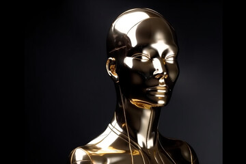 Gold metal abstract and futuristic woman mannequin portrait in black background. Generative AI