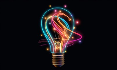  a glowing light bulb on a black background with colorful lights.  generative ai