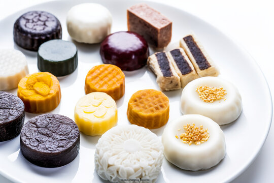 Tteok: Various types of Korean rice cakes with sweet or savory fillings on white plate, AI generative assorted Korean dessert.