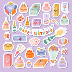 Big set of stickers with hand drawn birthday clipart for planners, notebooks. Ready for print list of cute stickers. Trendy holiday elements, party decoration, cake, candle, gift, balloon, party hat.