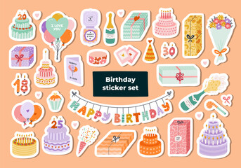 Big set of stickers with hand drawn birthday clipart for planners, notebooks. Ready for print list of cute stickers. Trendy holiday elements, party decoration, cake, candle, gift, balloon, party hat.