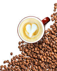 Coffee beans on white background. Top view of coffee beans with a cup of cappuccino coffee. Copy space for text