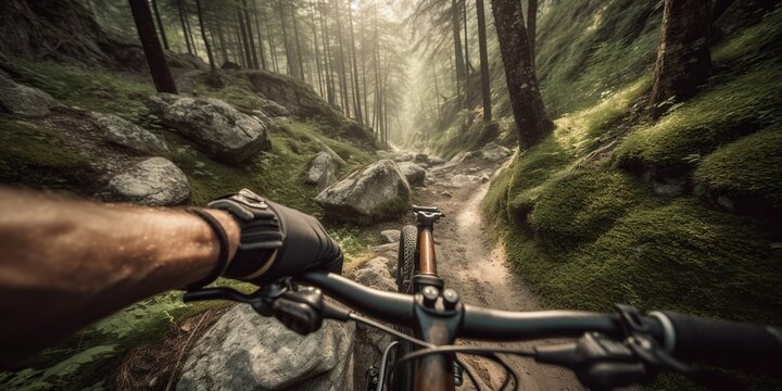 Hands grip the handlebars a bicycle tightly while navigating a winding mountain trail, enjoying an exhilarating outdoor adventure, concept of Physical endurance, created with Generative Generative AI