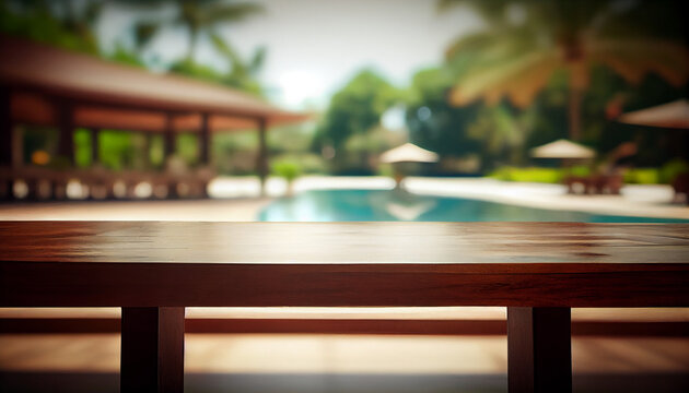 Empty wooden table in front of blurred pool resort. Wooden table background in resort. Ai generated image