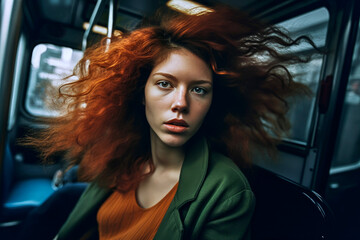 Fototapeta na wymiar Generative AI illustration Beautiful young girl with long hair in the New York subway