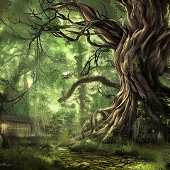 Mystical Cottage Nestled Among Towering Ancient Trees in Epic Digital Art. Generative AI.